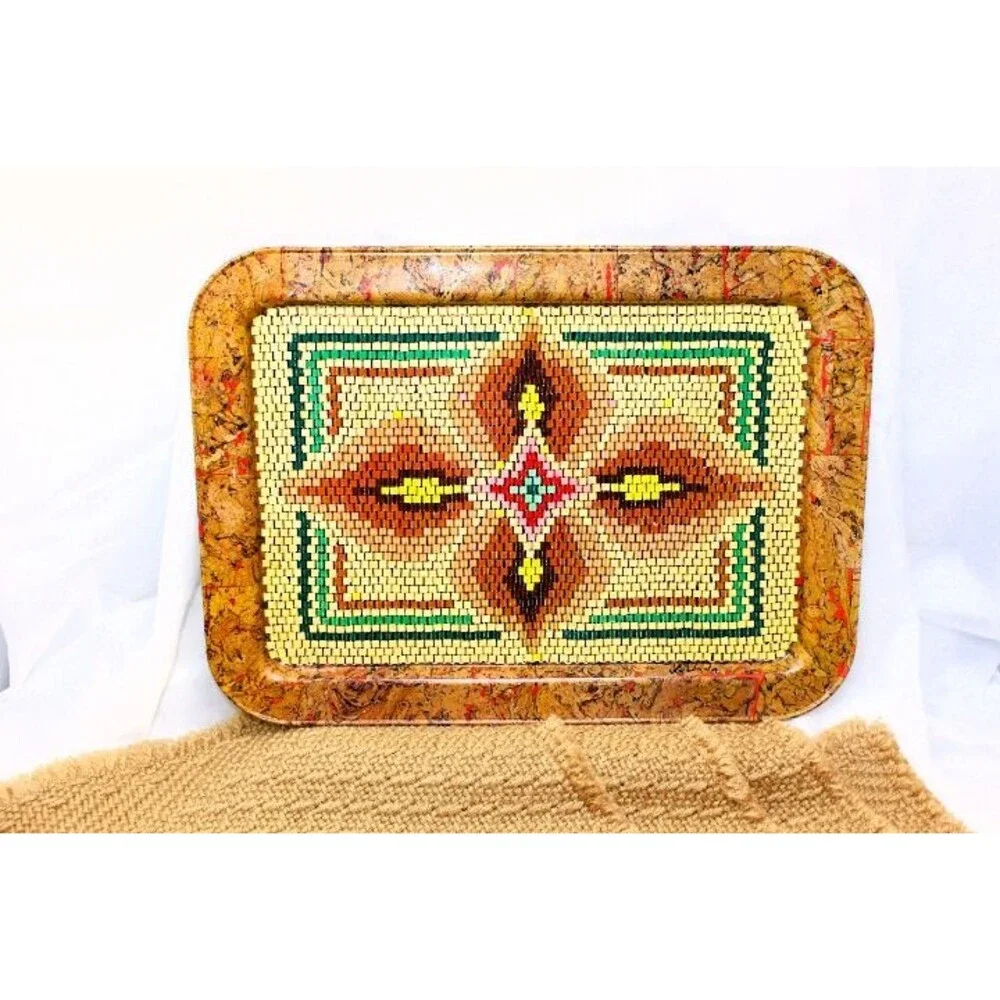 VTG 70's Metal TV Dinner Lap Tray~70's Bead Design PLUS 4 VTG Polyester Mats EUC